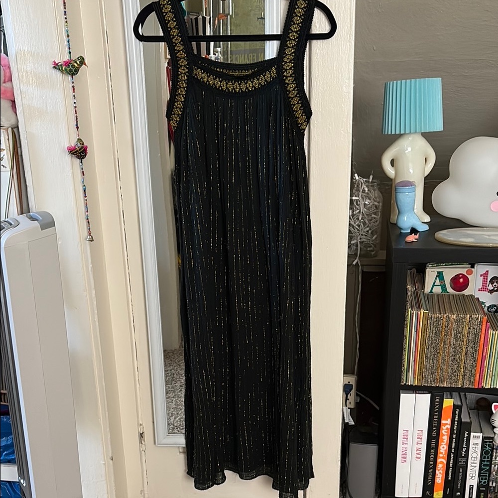 Vintage black cotton gauze dress with metallic gold